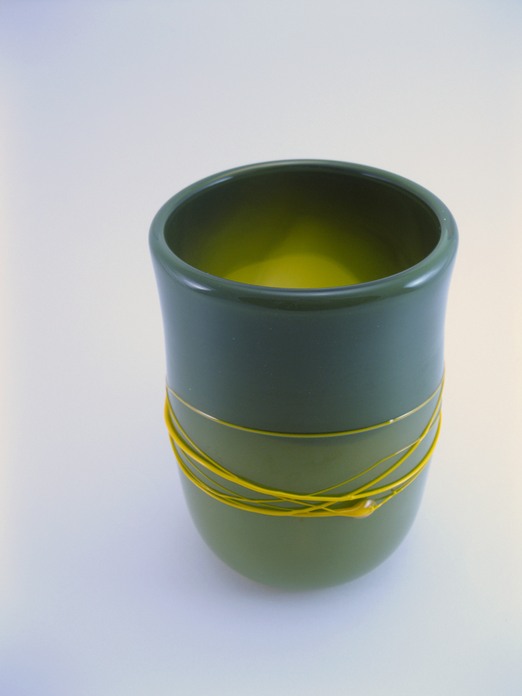 Green Blown Glass Vase with Yellow Threads