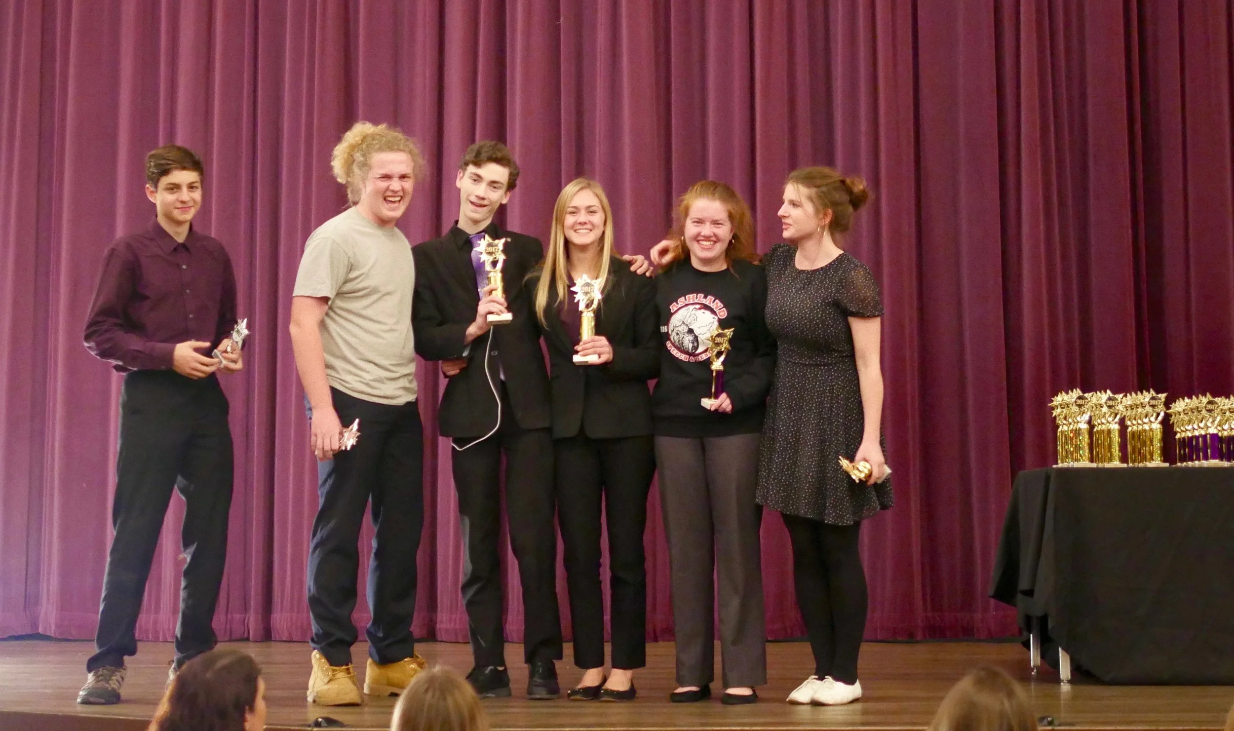(from left) Jackson Rice, Daniel Noonan, Alex Webb, Hannah Doyle, Sarah Aaronson, and Maya Davis receive open Parli awards. 