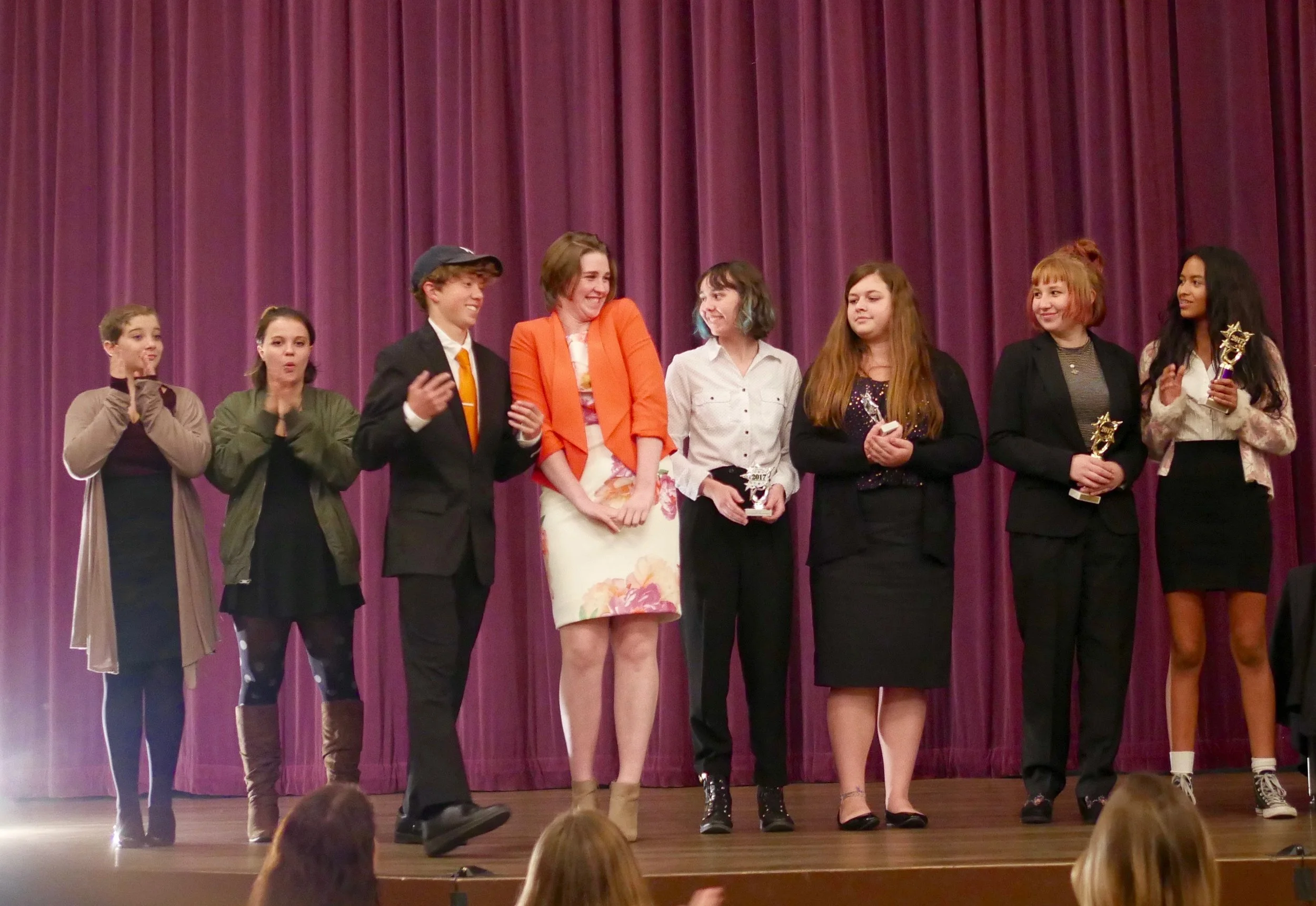 (from left) Kylah Ward, Jade Loev, Grant Lulich, Gabi Taylor, Hailey Carroll, Amelia Kahn, Claire Glassford, and Jasmine Yanez receive novice parli awards 