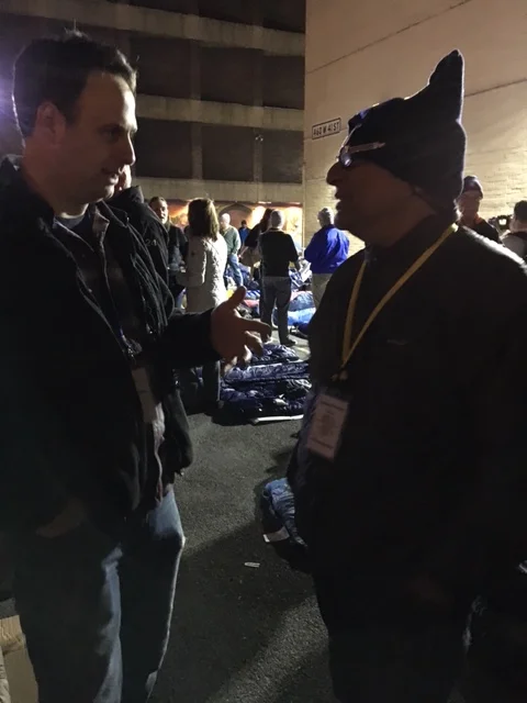 My friend Jason speaking with Deepak Chopra. Yes, THE Deepak Chopra. He joined the Sleep Out, and we had a chance to pray with him.