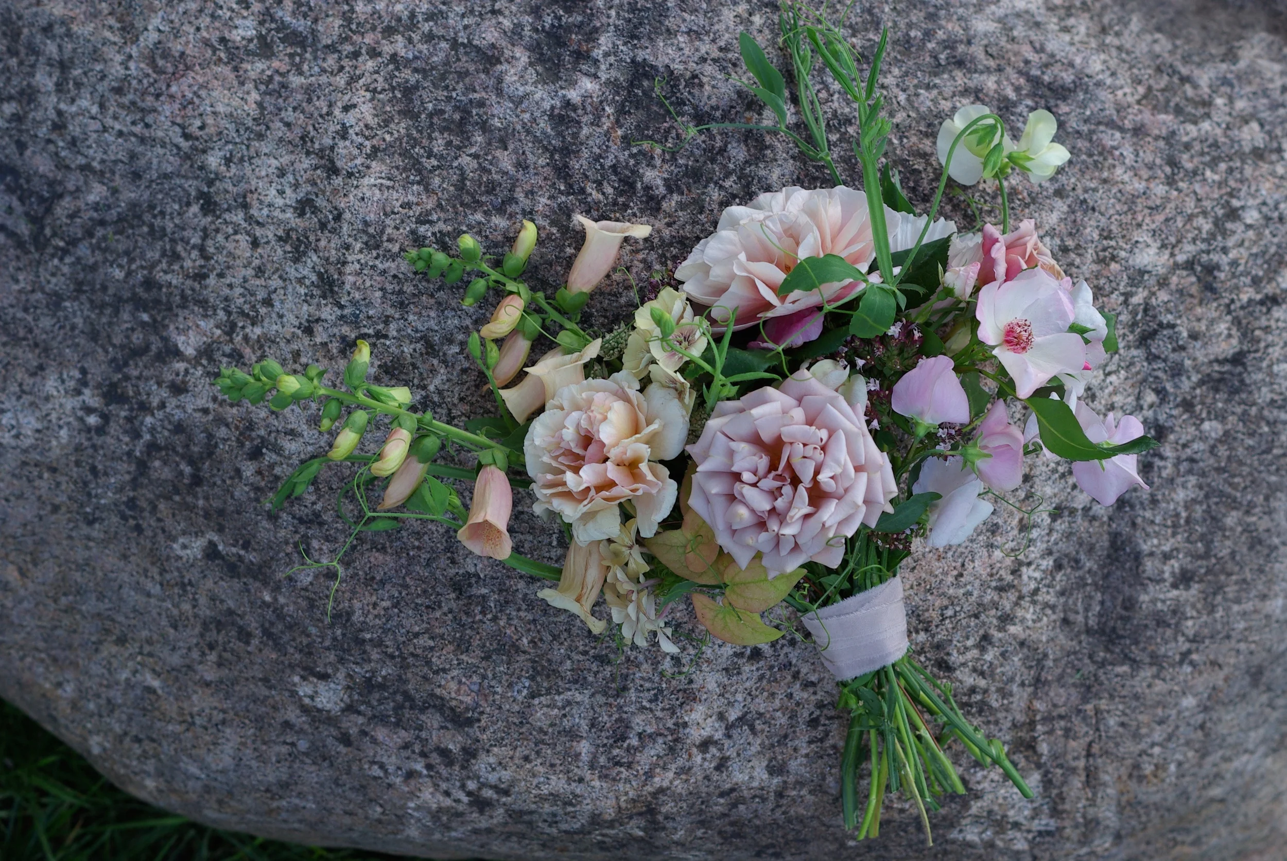 Bouquet of roses ('Distant Drums,' 'Koko Loko,' 'Julia,' 'Sally Holmes,'), foxglove, phlox, sweet pea vines, epimedium, astrantia, oregano, cosmos - all from my garden
