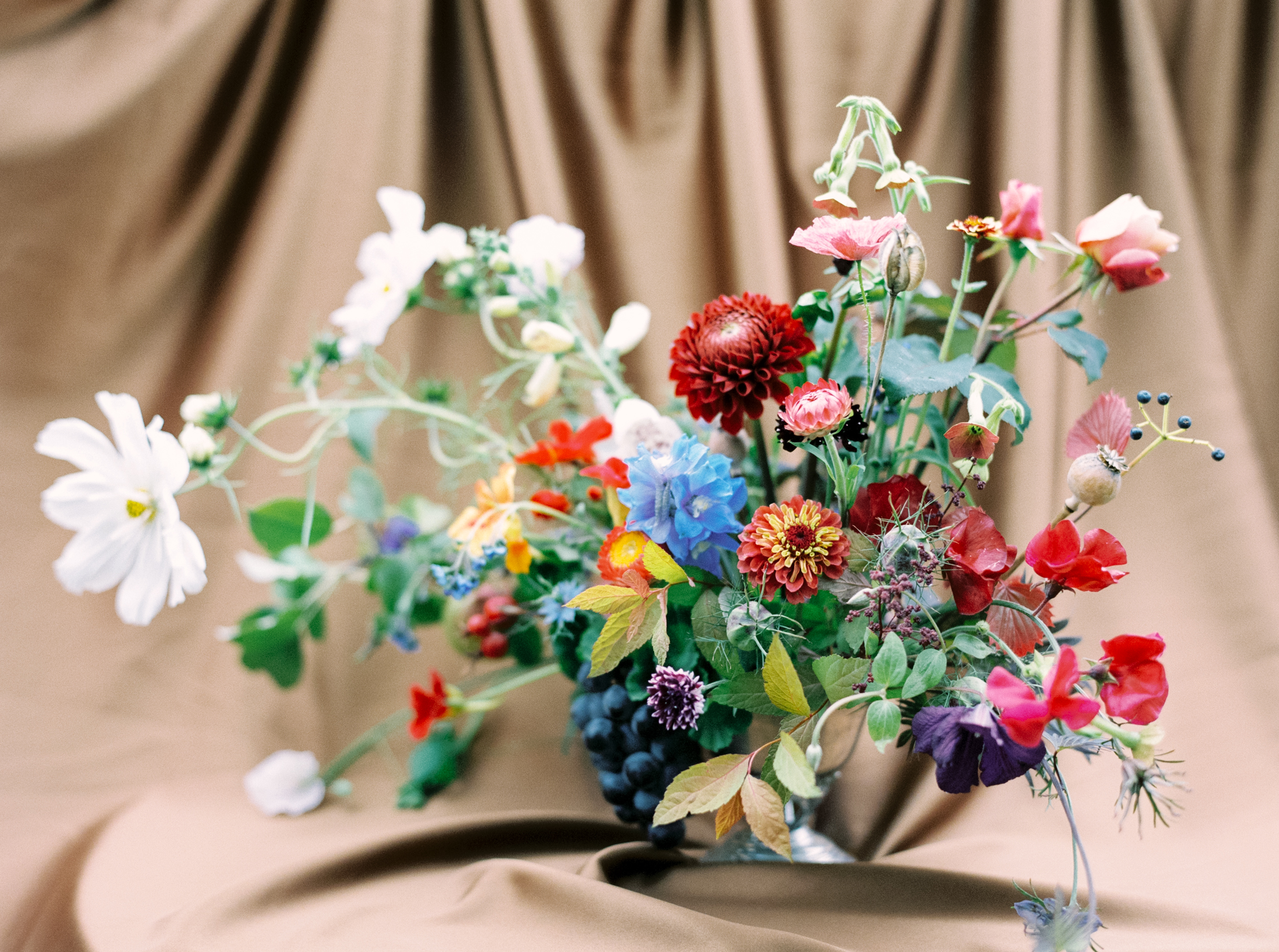 Late September (photo by Milton Photography ) - dahlias, zinnias, cornflowers, nasturtiums, sweet peas, bachelor buttons, cynoglossum, nigella, foxglove, nicotiana, poppies and pods, viburnum berries, cosmos, scabiosa, apples, rose hips, roses, delphinium, spirea, pelargonium leaves, anemones, clematis 