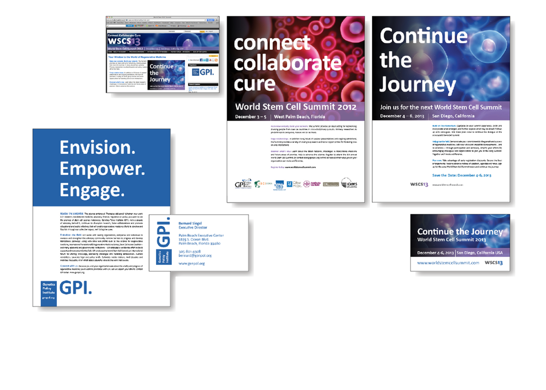 Genetics Policy Institute Organization and World Stem Cell Summit ads, cards and web.