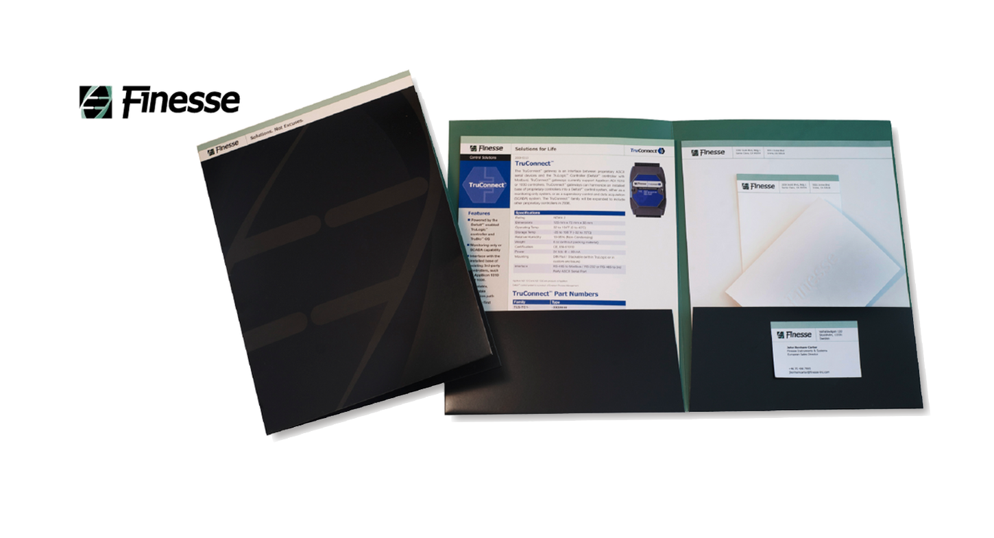 Finesse Solutions Presentation folder, stationery, business cards and data sheets