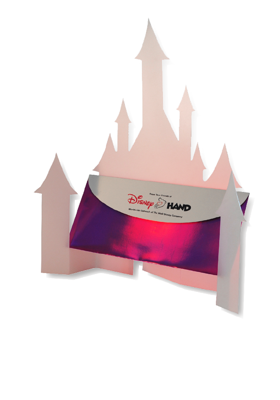 Disney Hand Corporate Giving Table easel presentation kit in the form of the Disney Palace, die-cut from iridescent polypropylene, with a pink holographic envelope