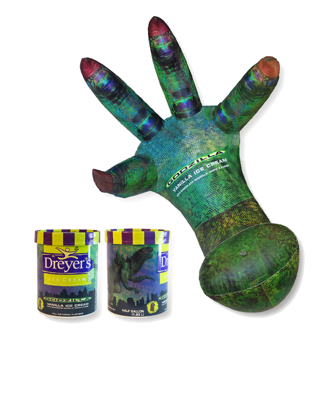 Dreyer’s Ice Cream Godzilla Vanilla movie promotion, packaging and giant inflatable claw (ceiling dangler) for grocery store aisles