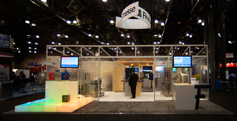 Finesse Solutions “Clean Room” trade show booth, “F” reception desk and product presentations