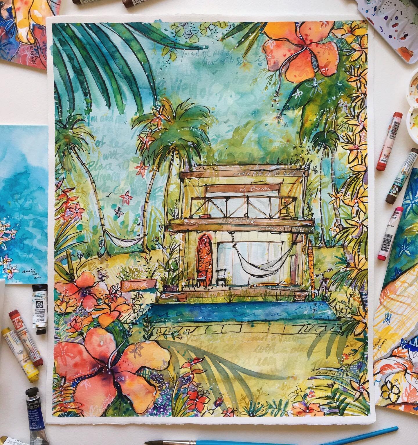 I know you&rsquo;re supposed to write down and visualize your dreams/goals. So, figured I&rsquo;d paint my dream house. Two hammocks, beach cruiser and morning coffee spot for checking out the surf, included. 🌊🎨🌴 #dreamhome #beachbungalow #goldfis
