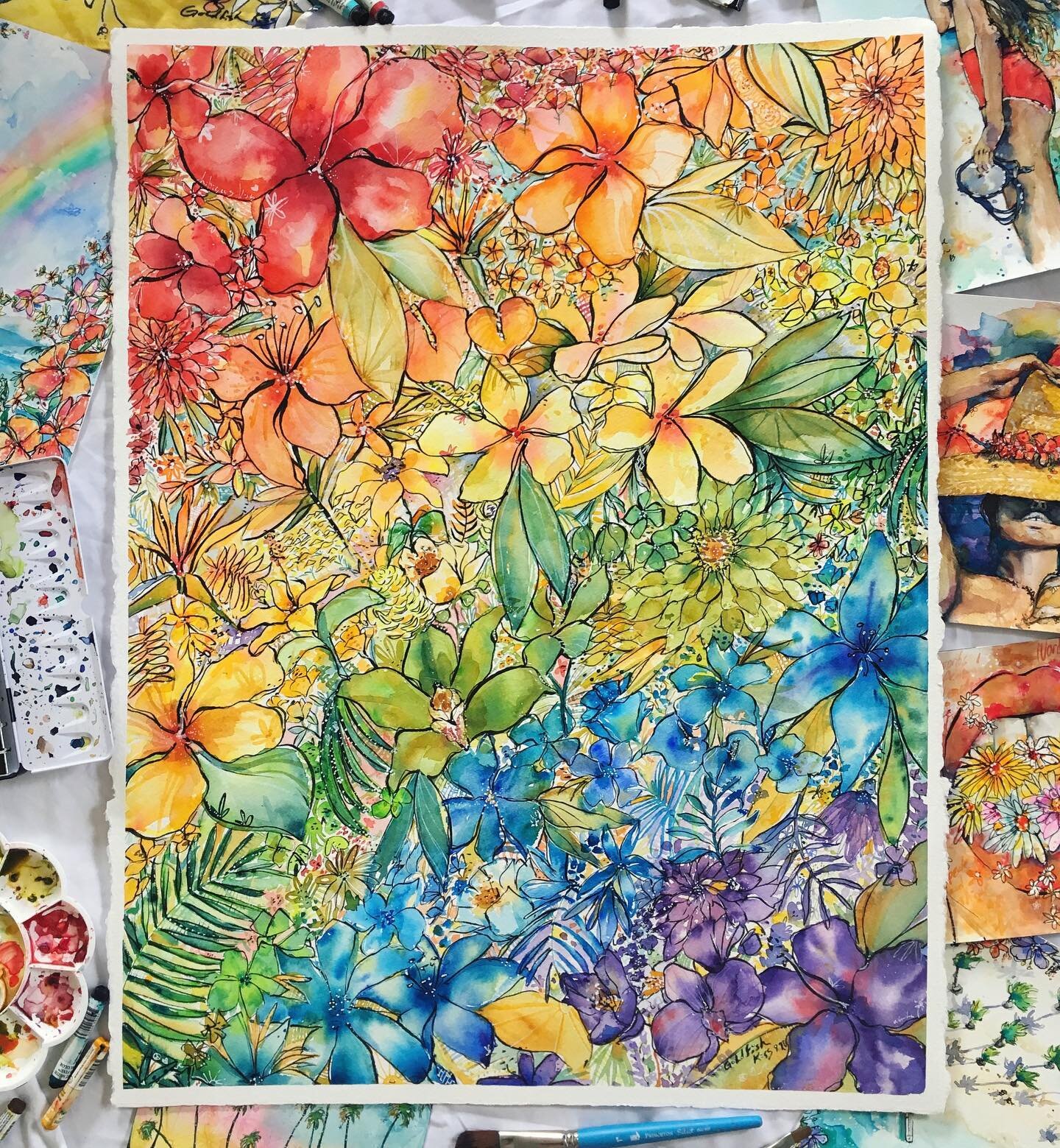No rain no rainbow. And sometimes you just might want to paint your own rainbow too. 🎨😉🌺🌈 Not sure if this big one is done, but also not sure how much more I can fit on it. The zoomed out pic doesn&rsquo;t really do it justice, so did a little zo