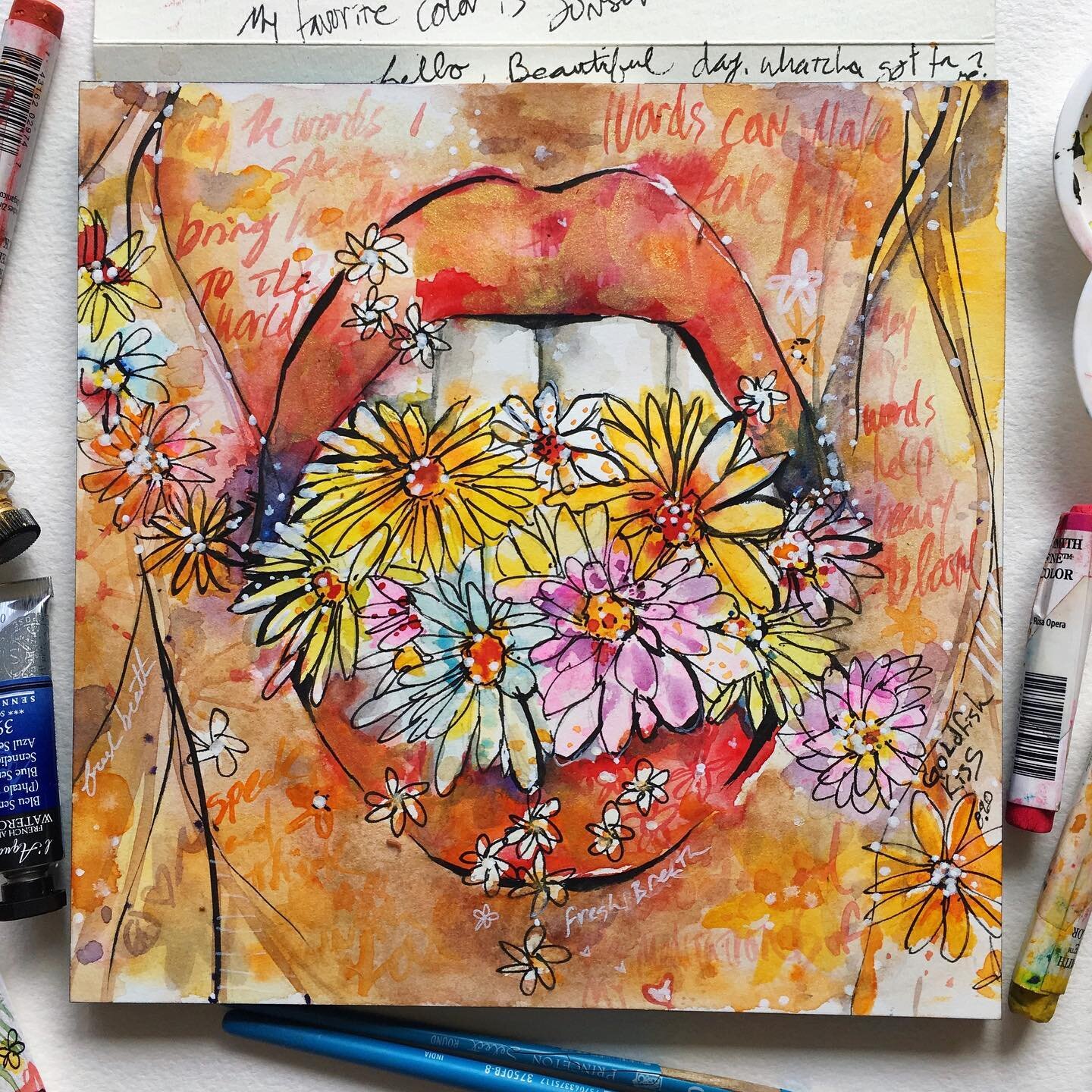 This one&rsquo;s called &ldquo;fresh breath&rdquo; - I think there was a commercial for some breath mints or gum in the 80&rsquo;s that was something similar. Anywho, up close mouths with random stuff are fun. 😄🌸🎨 #goldfishkissart #watercolor #fre