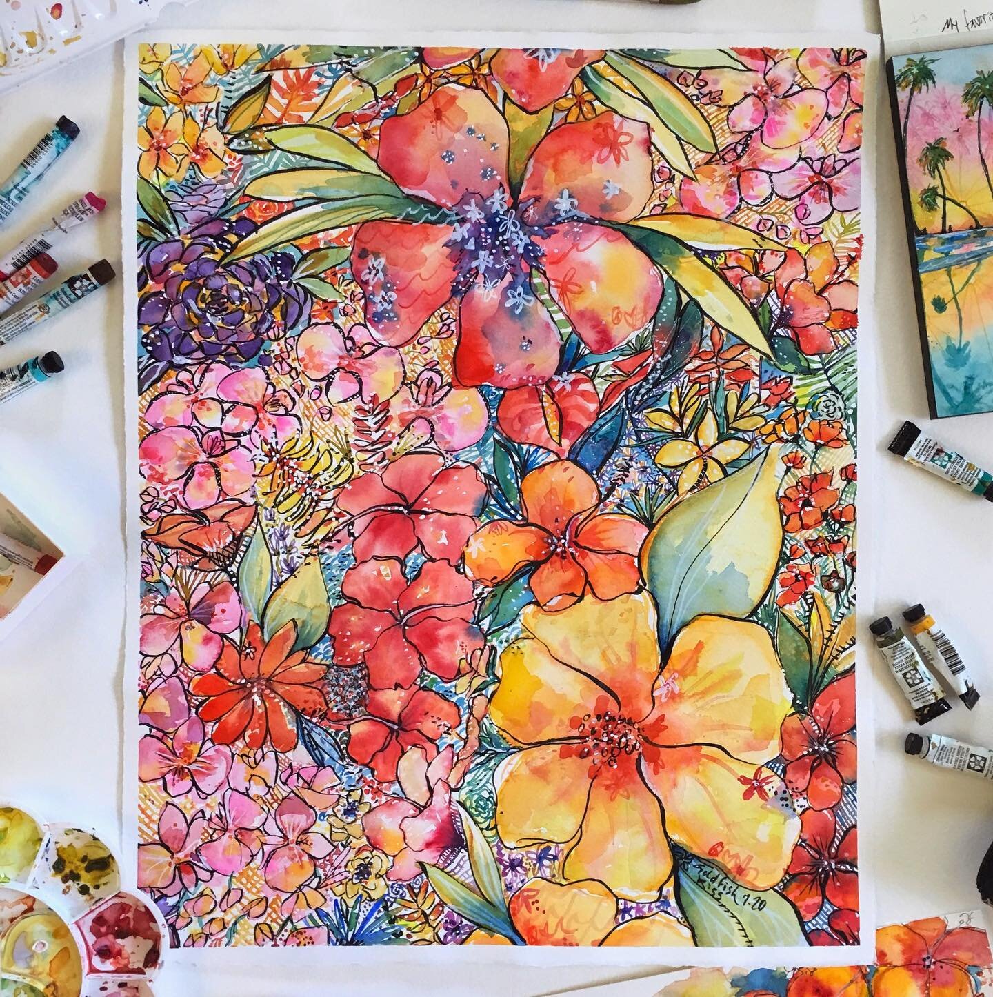 Finished another big floral one. I think....since there&rsquo;s not much room to add anything else 🤷&zwj;♀️ Anywho, wahooo for colorful blooms. 🎨🌺#goldfishkissart #watercolor #tropicalflowers #artist