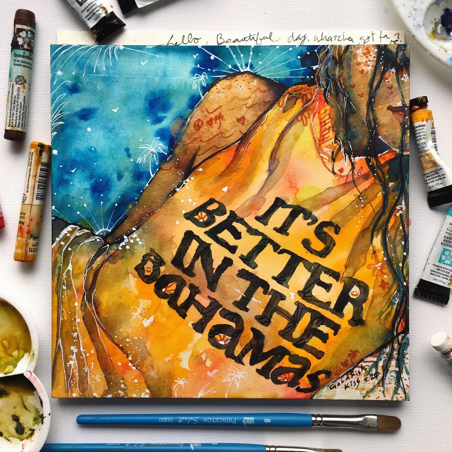 I&rsquo;ve always wanted to find this shirt, so figured I&rsquo;d paint it in the meantime. 🌴🧡🎨 #goldfishkissart #watercolor #colorfulart #itsbetterinthebahamas