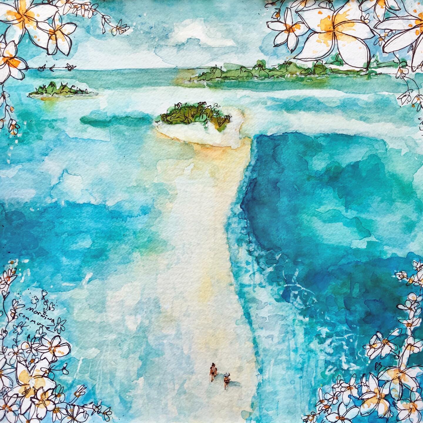 Painted this a year or two ago, but regardless of time frame, I could really go for a walk in this exact location right now. Then maybe camp out on that island for a night or two. 😉🎨🌴💙 #Goldfishkissart #watercolor #gfkscenics #morningcommute