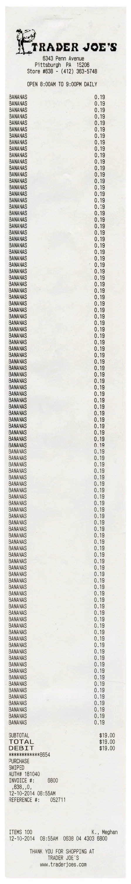 100 Bananas 2014 / thermal paper / 23" x 3" / checkout clerk; Meghan K.