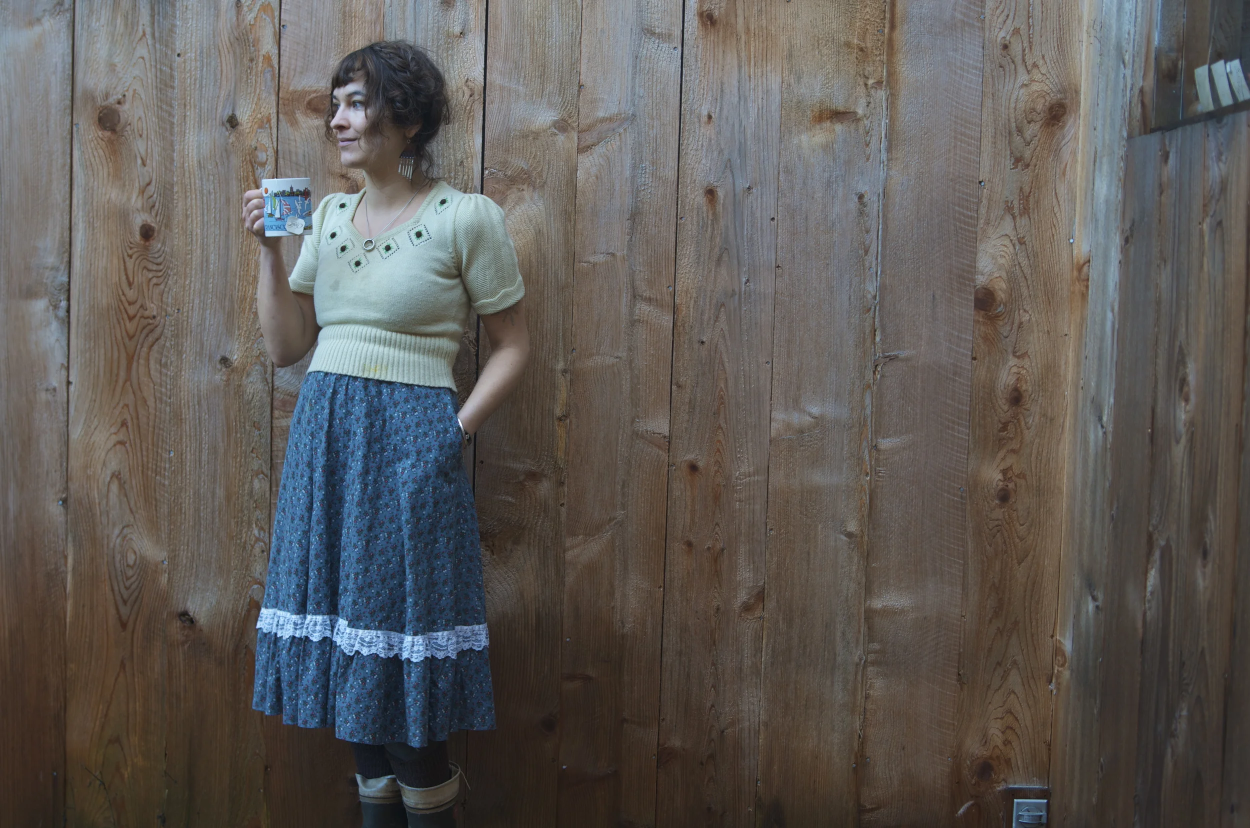 dress- etsy, circa 2012?/ top and earrings gifts from Nicole/ rubber boots- bought new in Finland circa 2011. Yes. Both the clothing items have giant orange stains on them. 