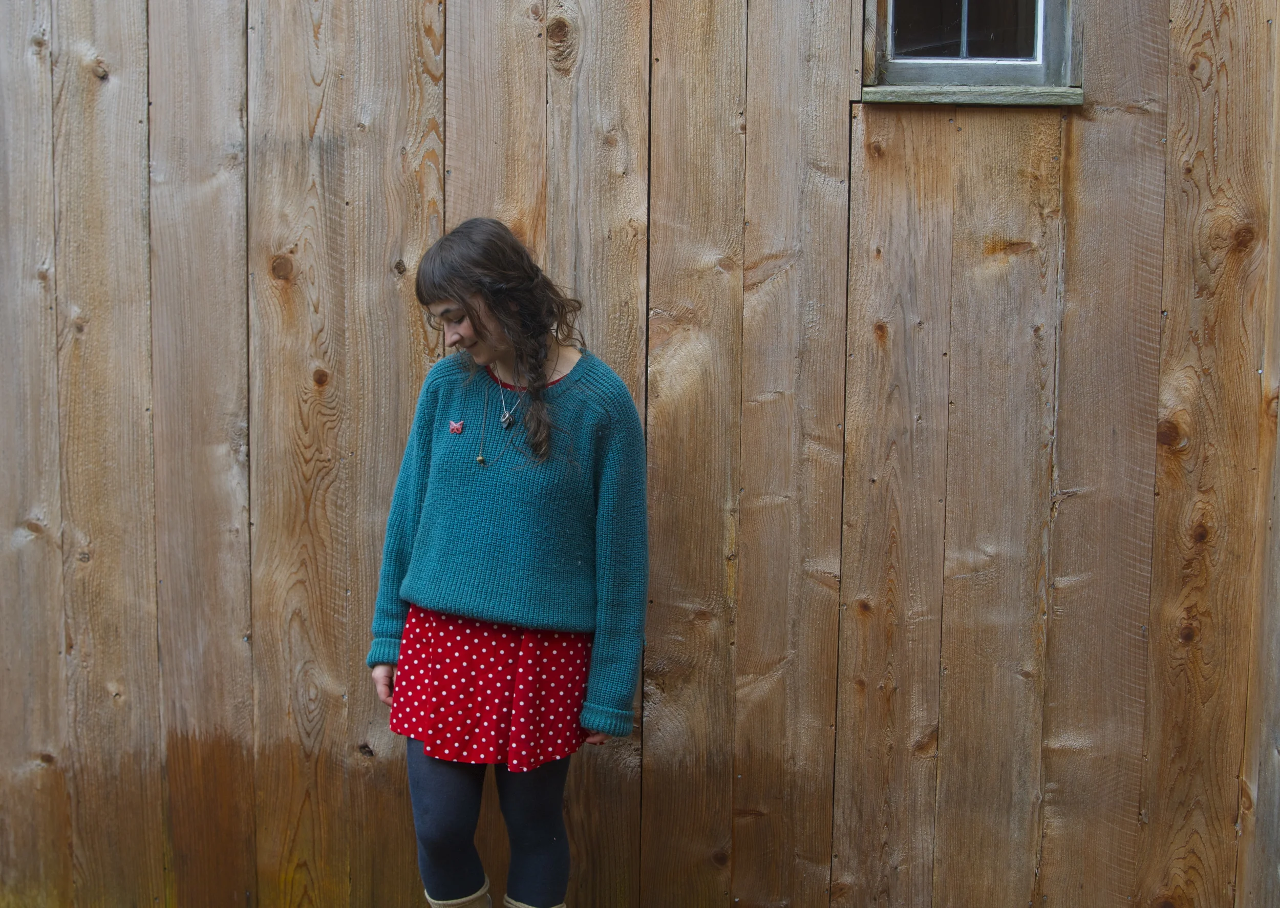 Green knit- free from the Dump 2015/ Red dress-thrifted 2013/ Rubber boots- gifted new 2011/ tights-?