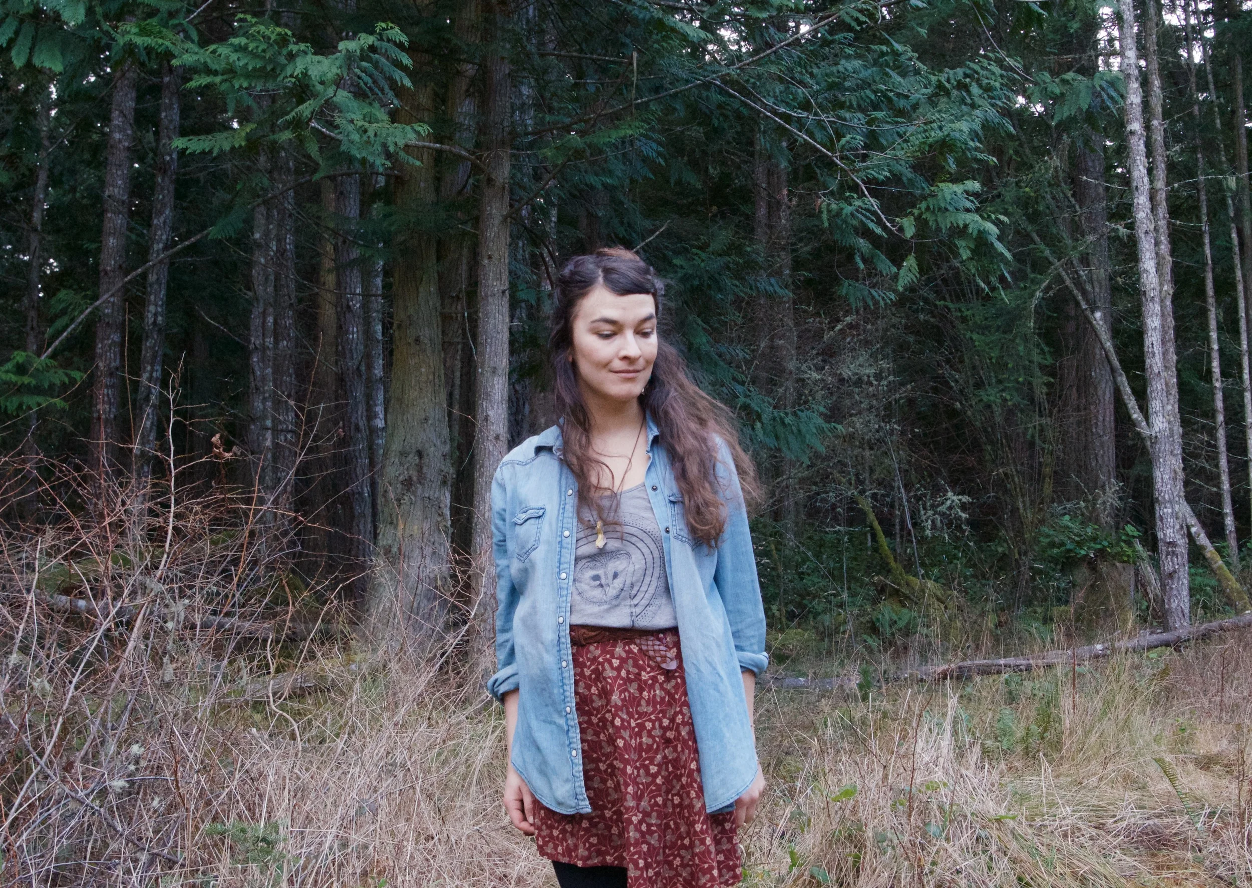 Denim shirt-thrifted NYC 2014/ Owl Top-Etsy 2014/ Skirt- Local thrift 2014/ Justin Roeper Boots-Barter fair 2013/ Necklace-gift from Anne 2015/ Earrings- Yard Sale 2015