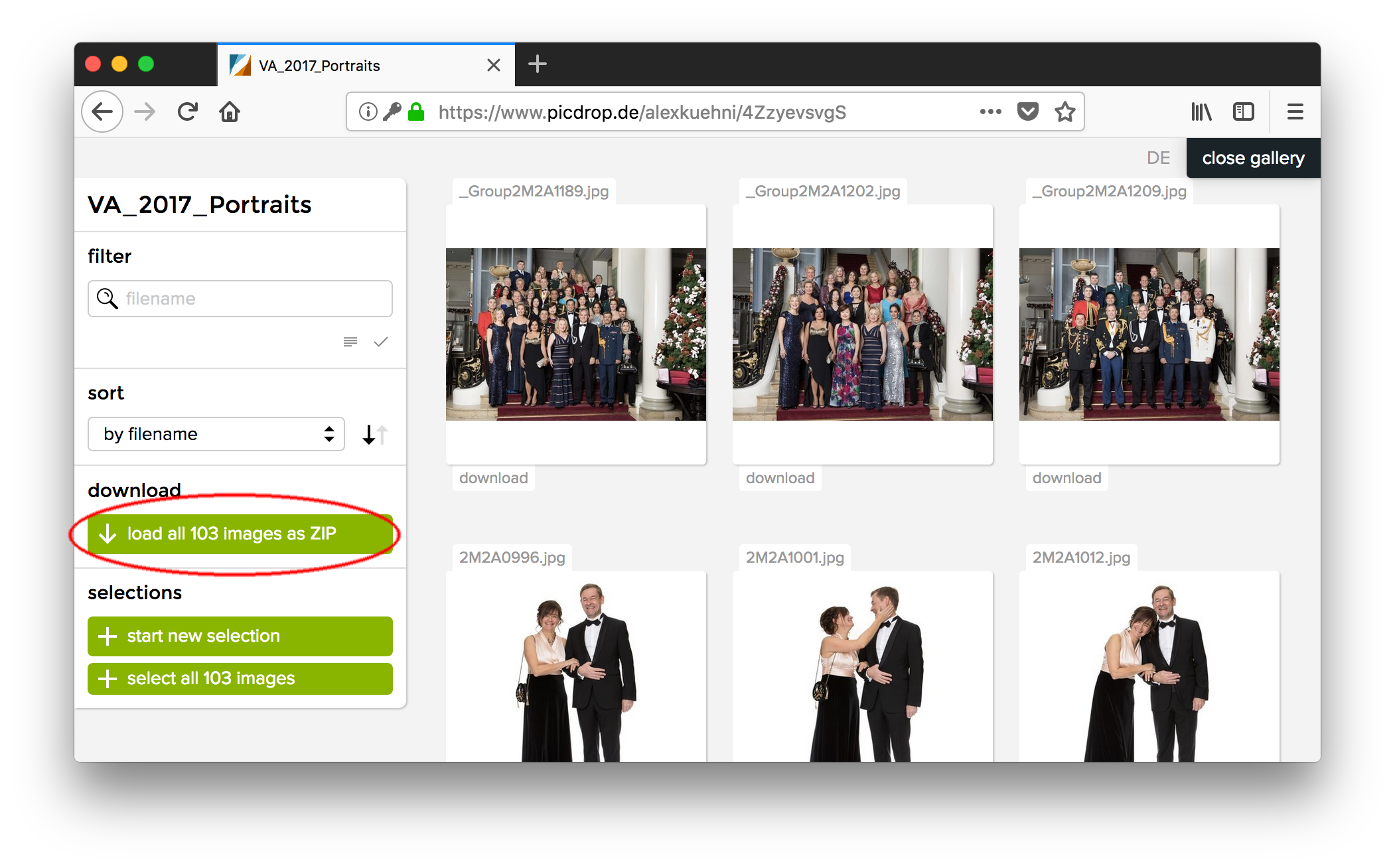 You can download all photos of one gallery together by clicking on the green «load all images as ZIP» button…