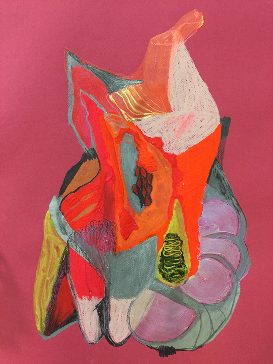 נעה גינזבורג, "Fractured subjectivity" (Die in Multi Colored Fire),  דיו, עפרונות צבעוניים, גרפיט, סטיק צבע שמן וצבע אקריליק על נייר, 50/30 ס"מ, 2017