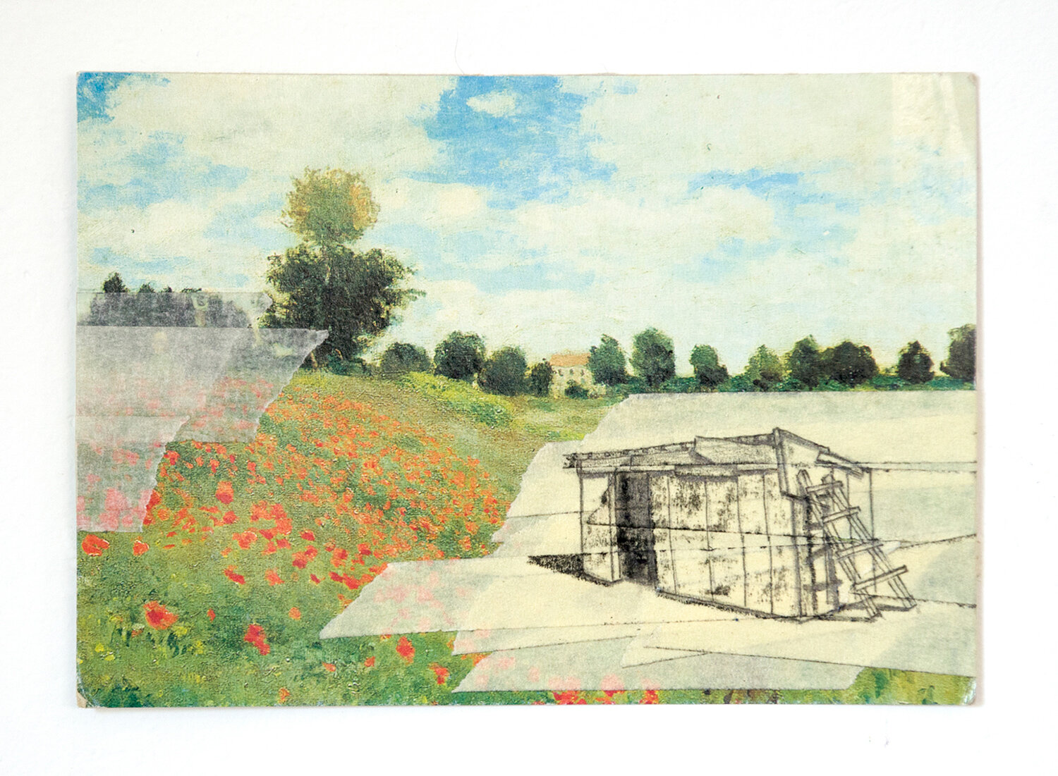 The redemption of Klod Monet’s puppy field (1873), Maskingtape and Charcoal on a postcard, 2019
