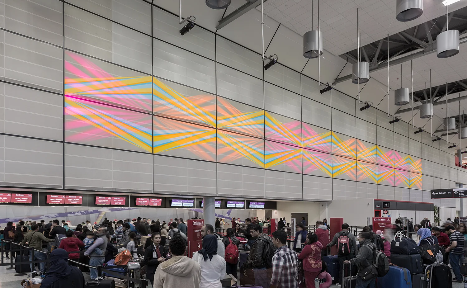 Celestial Candyland , 15 x 150 ft. Printed fabric image with choreographed projected color sequence, repeating loop, 10 LED projectors.