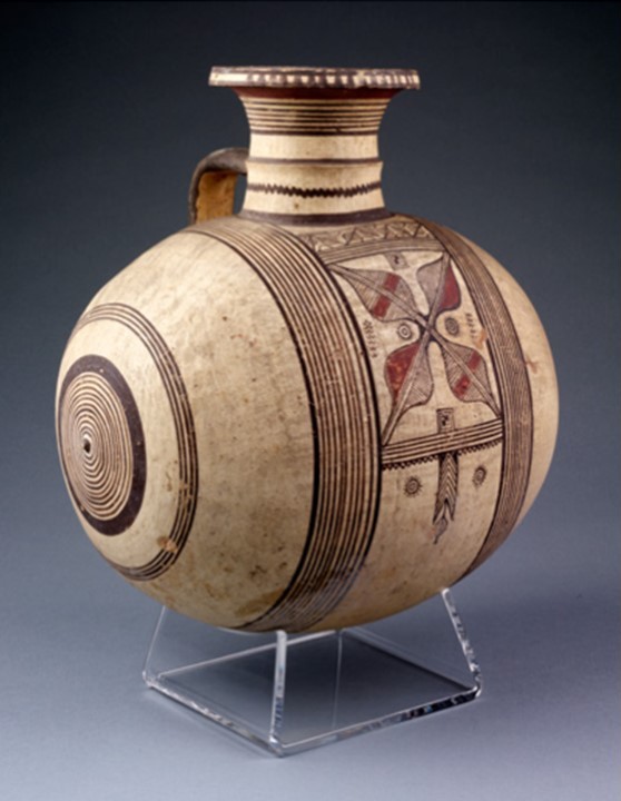 Jar with geometric designs, Cyprus, perhaps Kourion, about 750-600 BC. Unglazed earthenware, made in sections and assembled, covered with buff slip and painted. Museum no. 222-1883