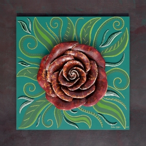 Mandala Rose (2018) Sculpted ceramic rose & leaves, glazed, on matt painted backdrop (acrylic, gouache, gold ink), mounted on painted frame with craquelé finish. Size including frame: (H) 80cm (W) 80cm (D) 9.5cm P.O.A.