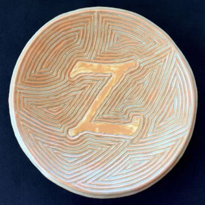 Centrepiece plate with initial Size 31cm diameter, 4.5 cm high SOLD. Similar pieces can be made to order.