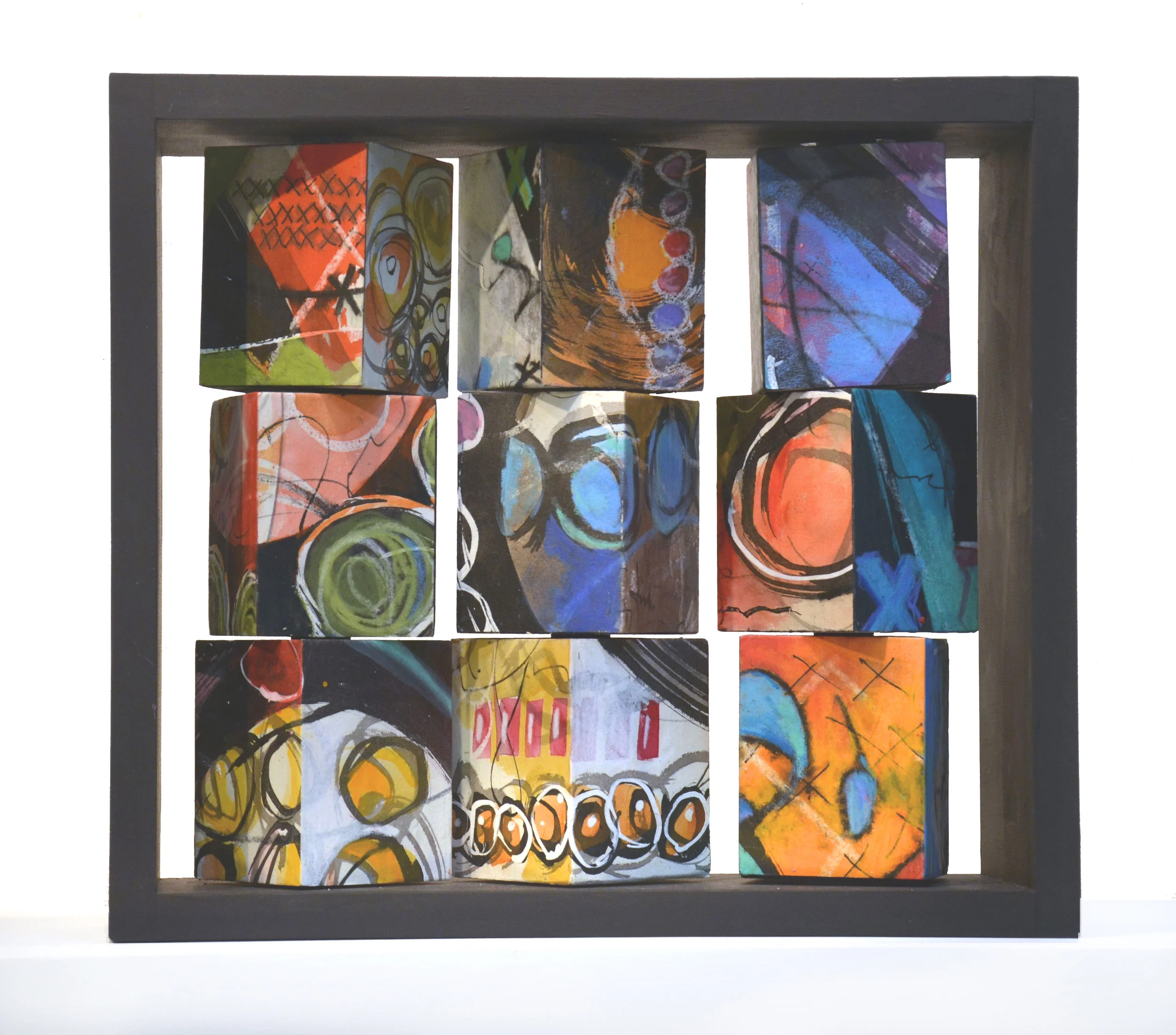 Whirling Pages Tic Tac Toe 3x3 • mixed media on paper• 18 x 18 x 4