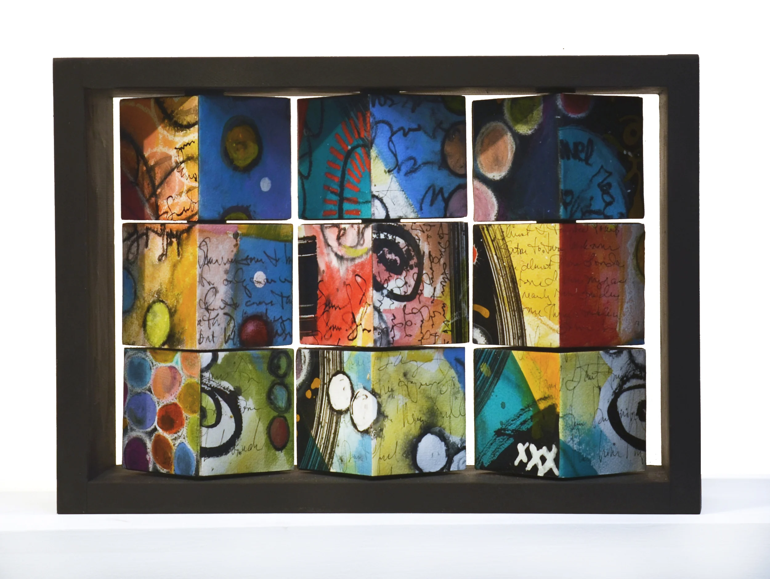 Whirling Pages Big Blue 3x3 • mixed media on paper • 24 x 24 x 5