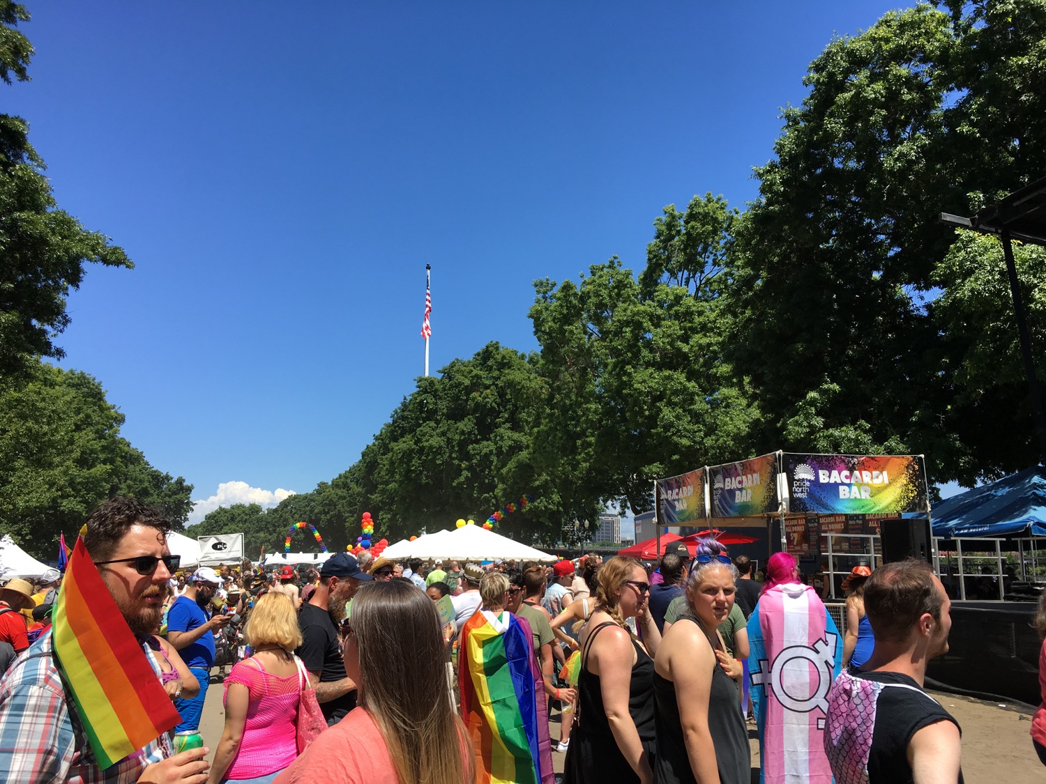 The American flag flying above Portland Pride