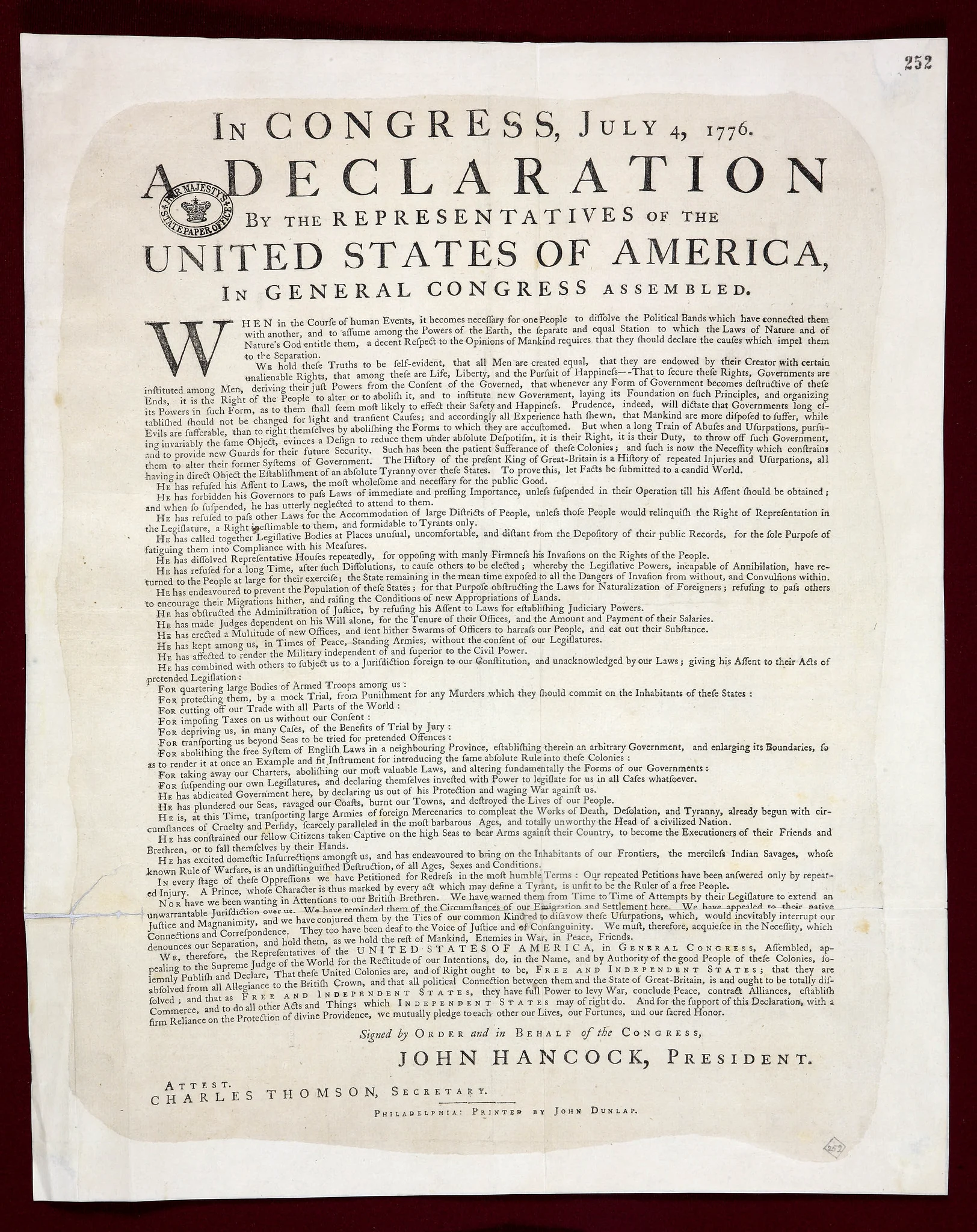 The Declaration of Independence Dunlap print. Photo by The National Archives UK