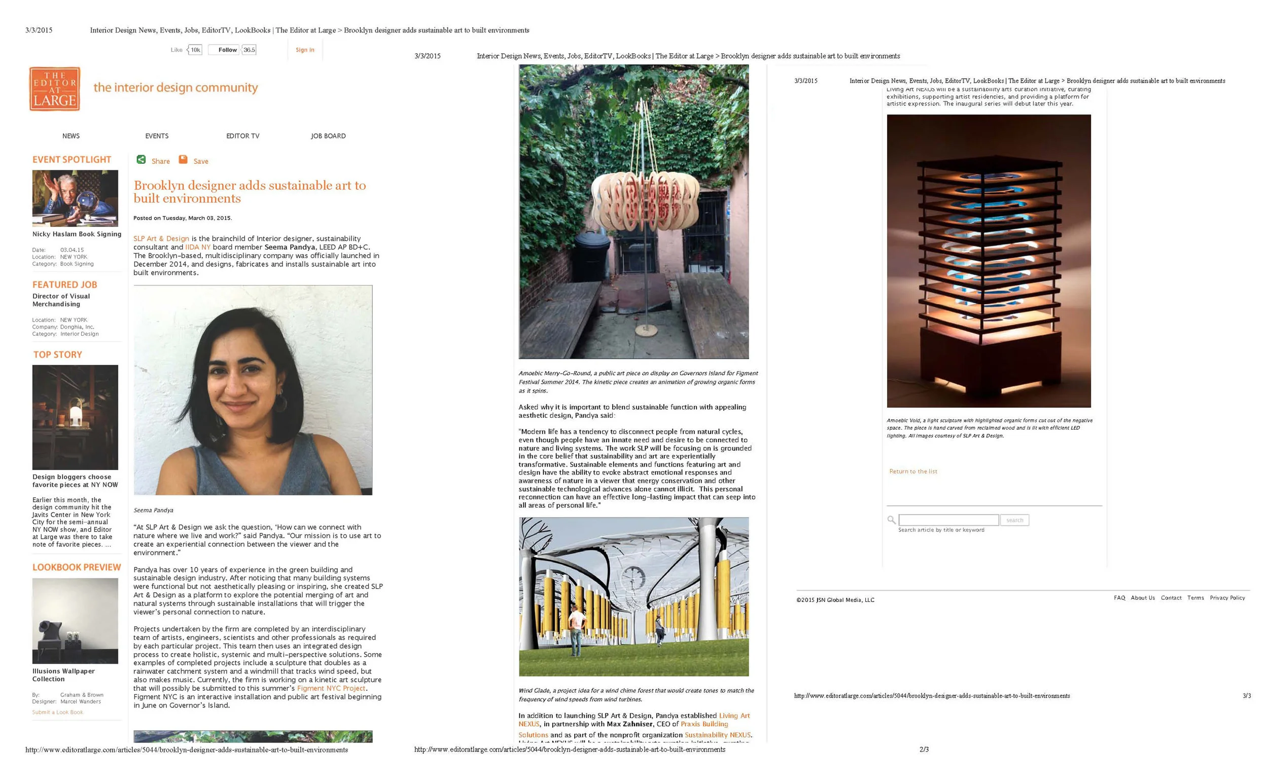 Web Article, “Brooklyn Designer Adds Sustainable Art To Built Environments”, The Editor At Large, 2015