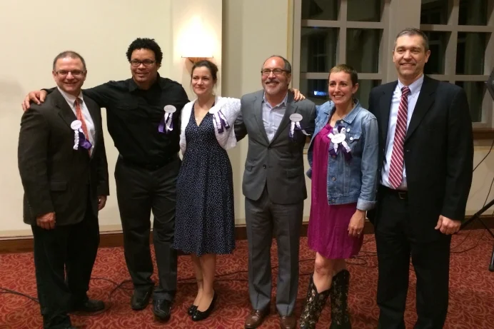 At the Stanton Charlotte banquet in April, 2015, from left: Dr. Matt Harrison, Ryan Bomberger, Jewels Green, Patrick Mahoney, Brice Griffin and Mike Griffin.&nbsp;