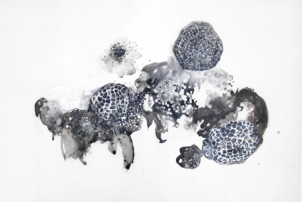 Floating World 2 2011 ink and acrylic on mylar 36 by 24 inches
