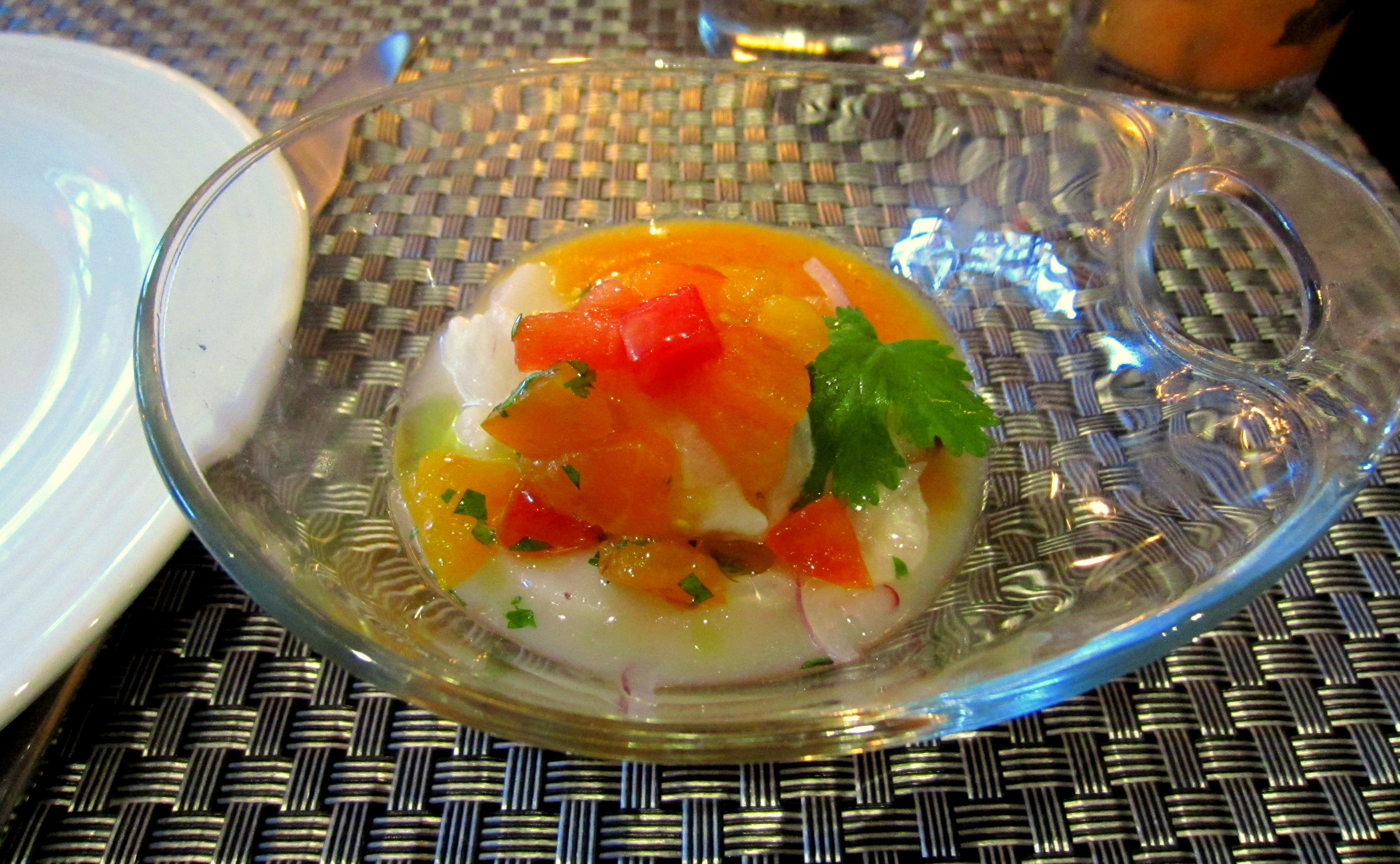 Scallop & Fluke Ceviche with Heirloom Tomatoes in Leche de Tigre. Bright & Flavorful!