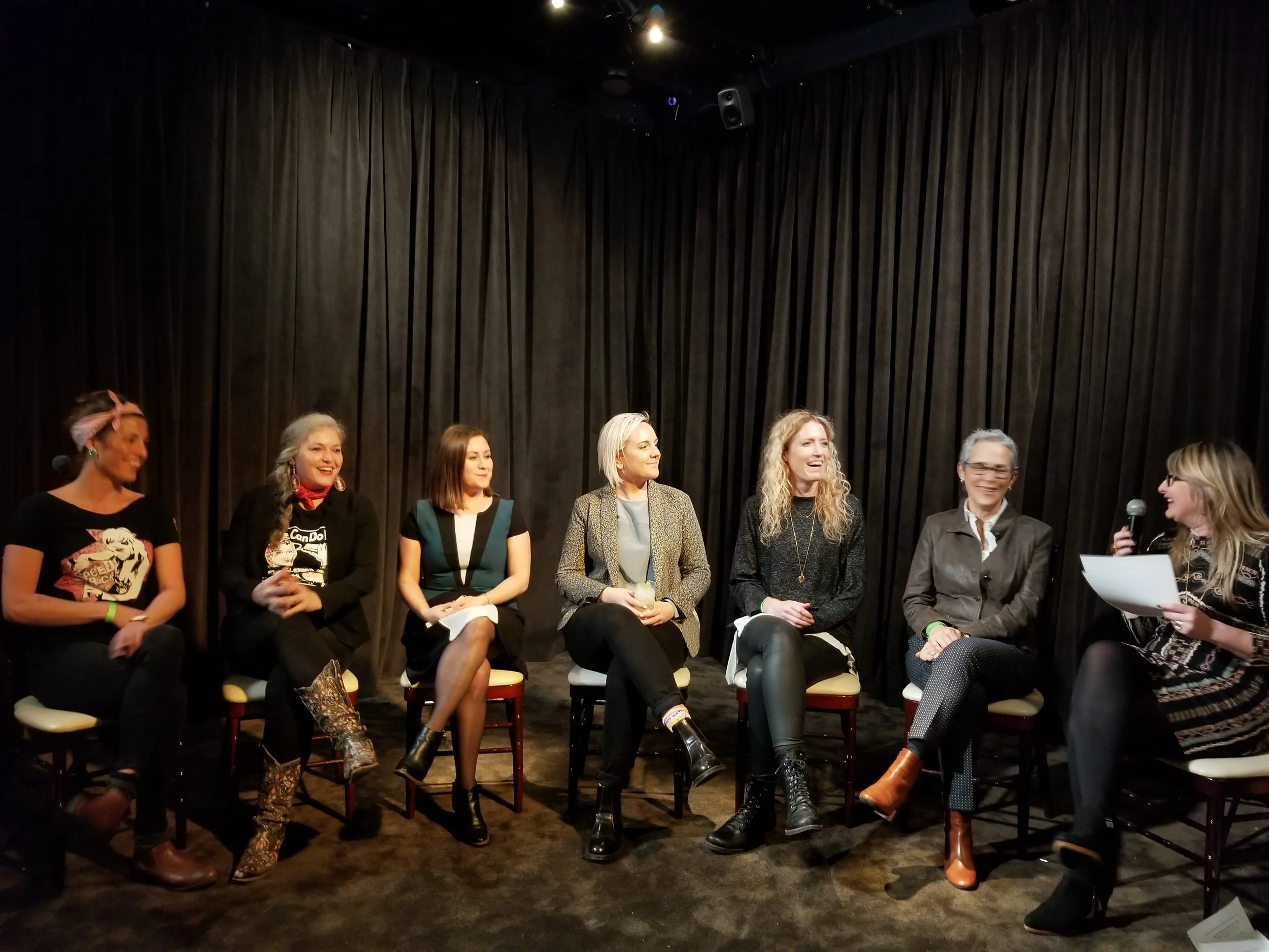L-R: Ivy Mix, Lynnnette Marrero, Julia Ritz Toffoli, Lacy Hawkins, Bridget Firtle, Liz Neumark, and moderator Louise Newsome,