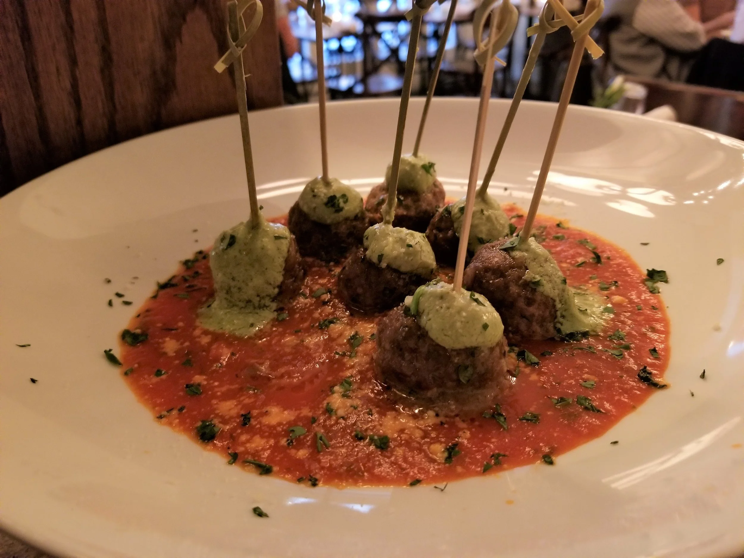 Lamb Meatballs: feta mint purée, pea tendrils