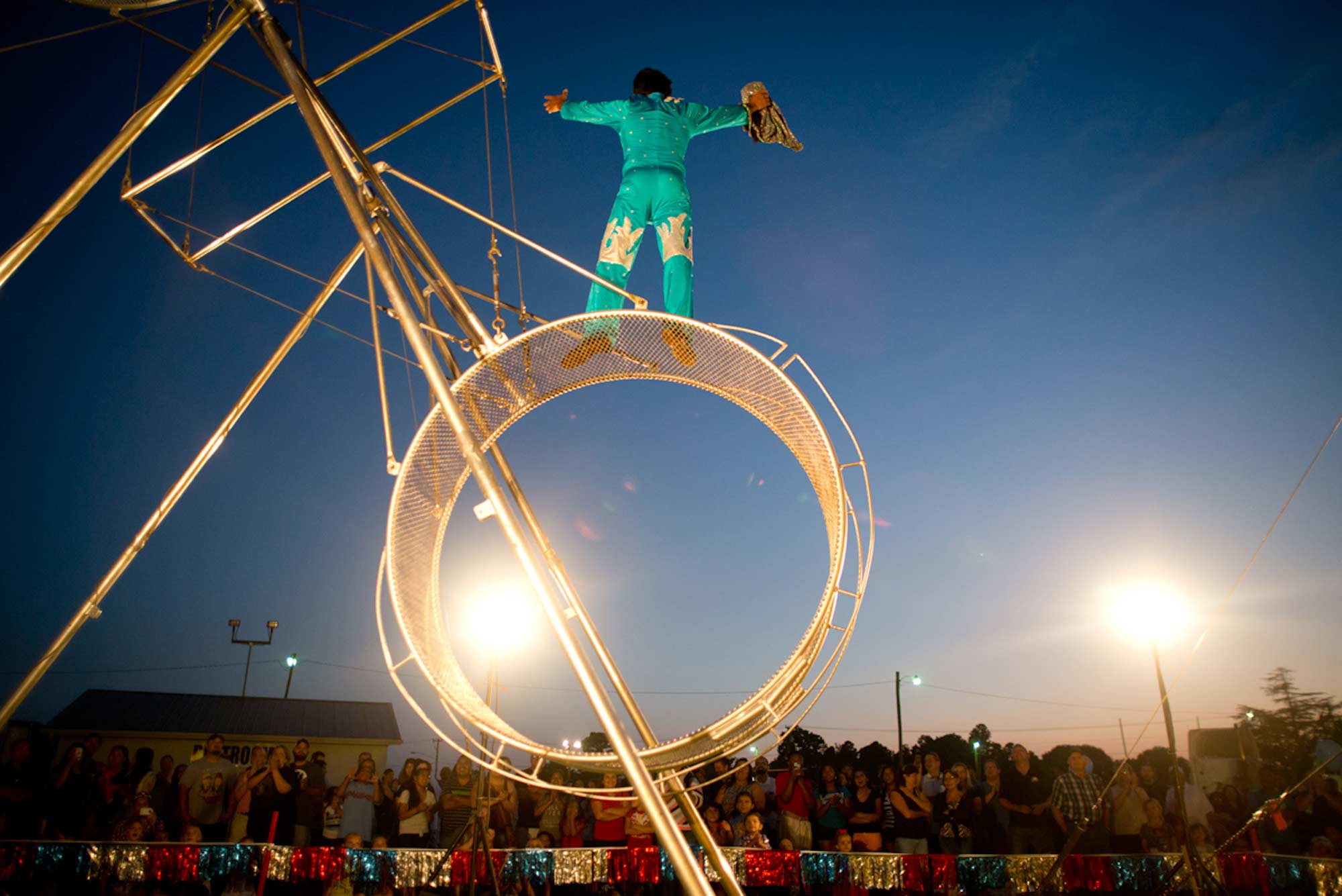 Memo receives applause from the crowd after walking outside the Giant Space Wheel of Destiny while blind-folded.