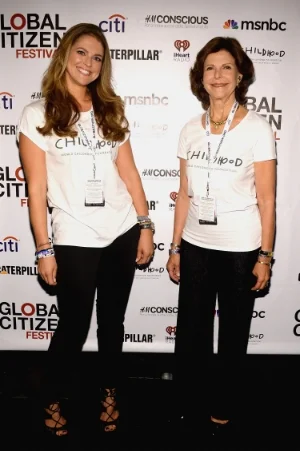 Princess Madeleine of Sweden and Childhood founder H.M. Queen Silvia of Sweden in the green room, before entering the stage to adress audience of 60 000. 