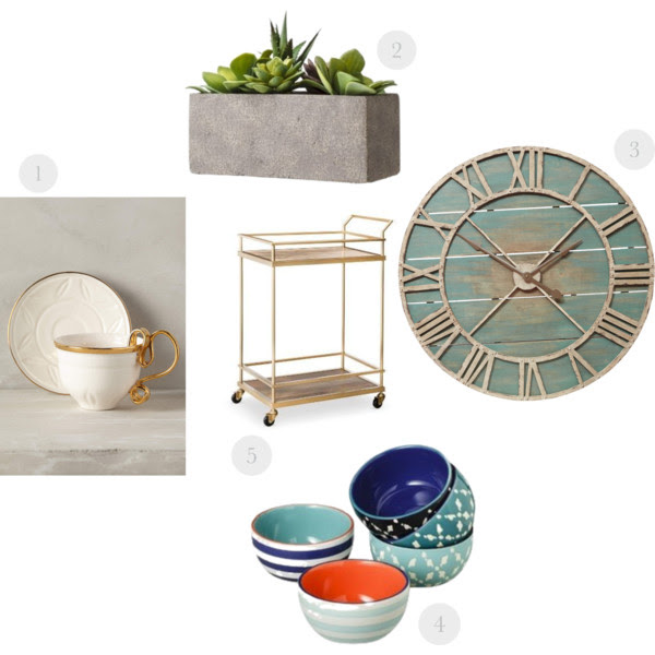 1. Cup & Saucer 2. Cement Succulent Box & Succulent 3. Decorative Clock (on sale!) 4. Similar here and here 5. Bar Cart (love this one too)