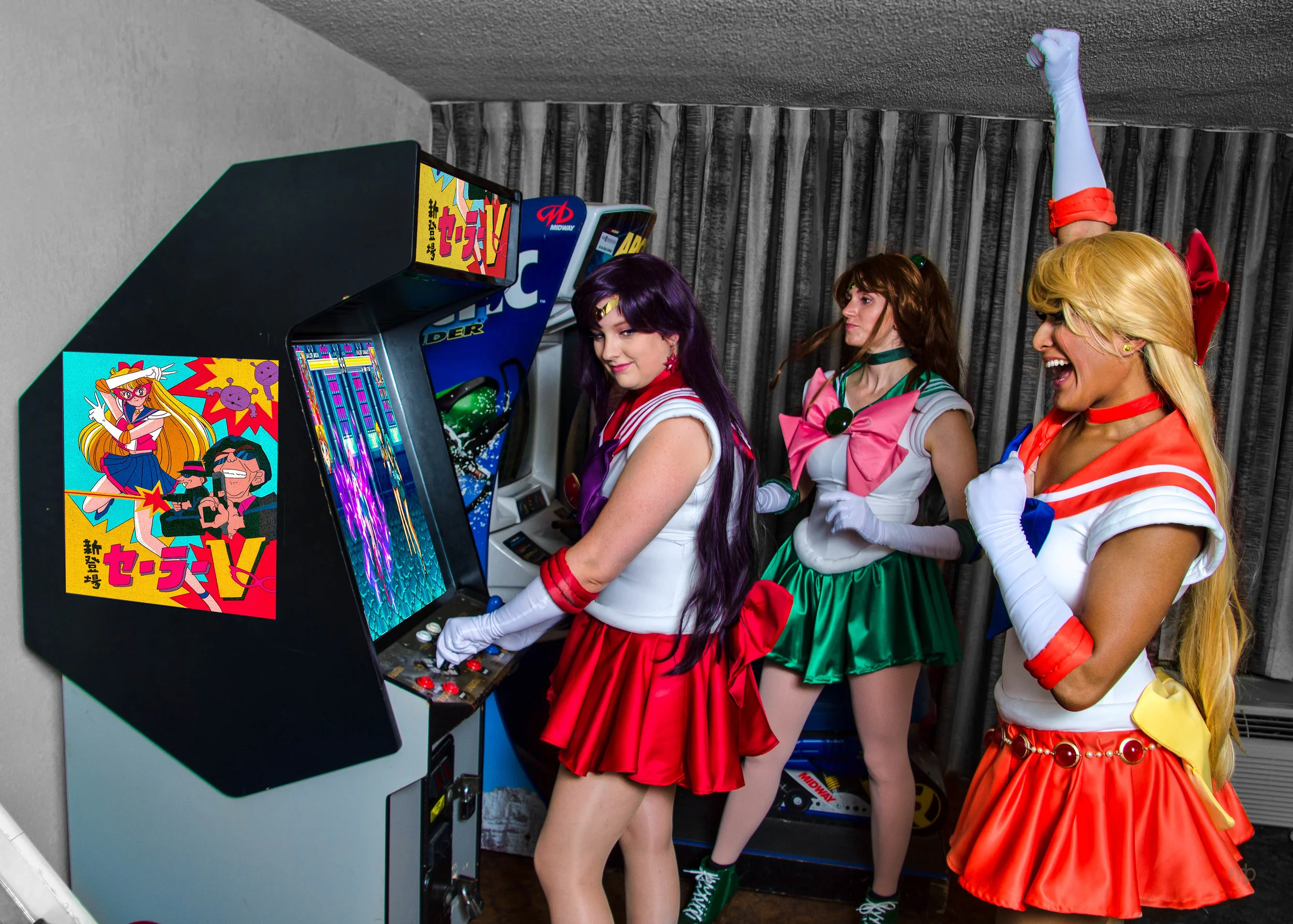 After. This is after some adjustments in Photoshop. The curtain has been neutralized. The video game cabinet and screen have been changed to fit the vision of the image. Motaku 2014