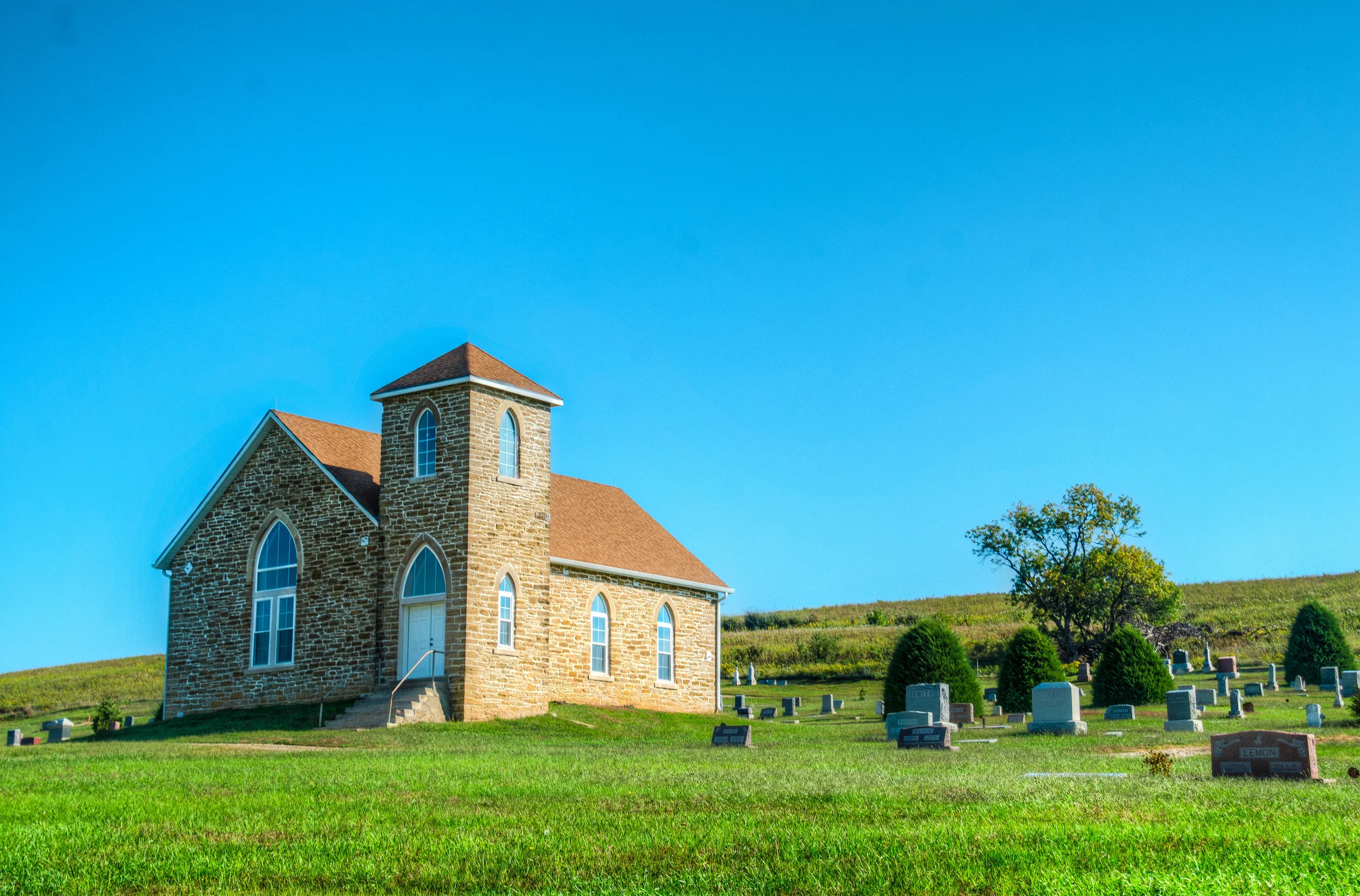 The Old Stone Church. Near Maple Hill, KS. Three shot HDR, edited with Photomatix Pro and LR5