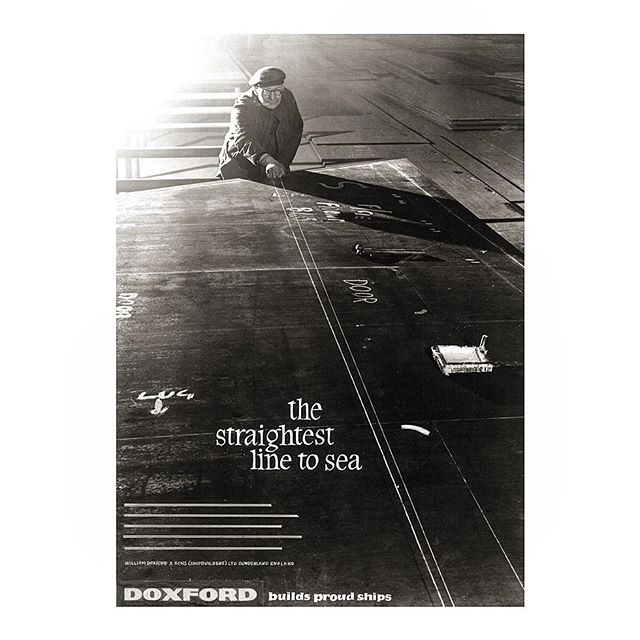 An advertisement for Doxford Shipbuilders, Sunderland from 1961 depicting foreman shipwright Tom Jones marking out the front plate of a ship using the traditional chalked string method. From the Tyne &amp; Wear Archives.