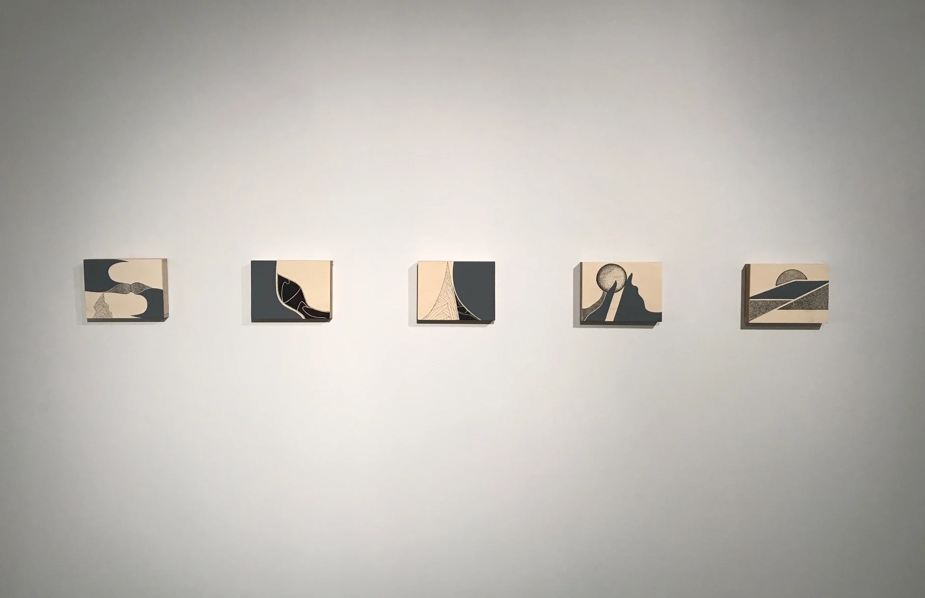 All works 6x8", mixed media on wood panel. Titles from left to right: Naptime II, Nib (SOLD), Wedge, Hoist (SOLD), and Magic Hour .