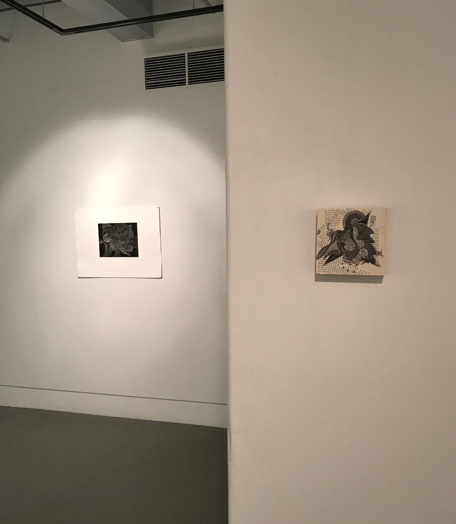 On left: Doodles , 2016, Monoprint, 22x30". On Right: Orange Sunshine , 2017, mixed media on wood panel, 6x6".