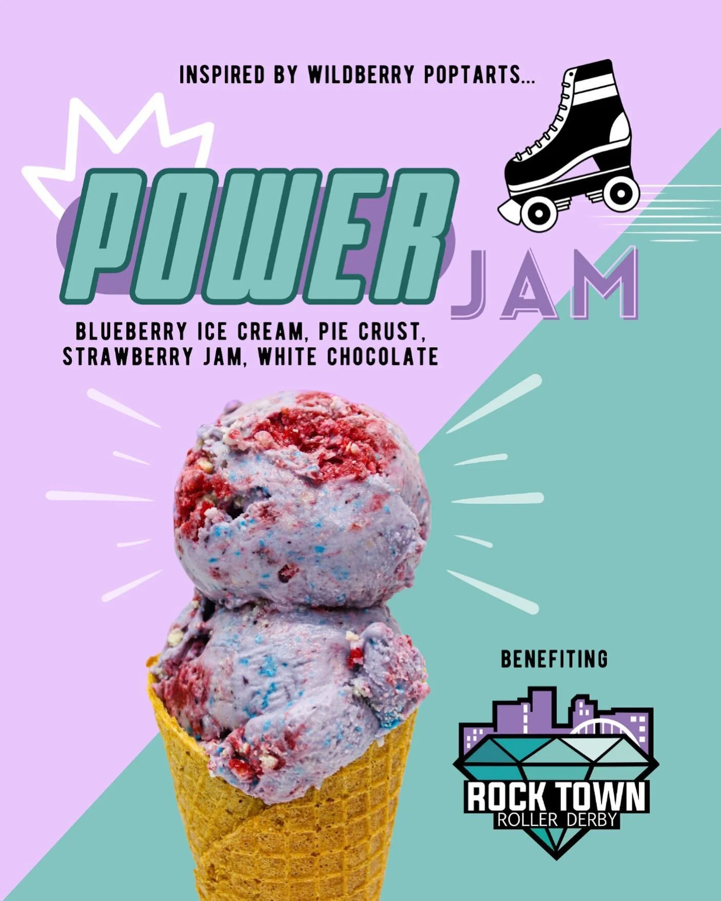 ⚠️ CAUTION: NEW TINY BATCH AHEAD! 

POWER JAM is inspired by Wildberry Pop Tarts! 🤩 A blueberry ice cream with house-made pie crust, strawberry jam and white chocolate. 

Benefiting the @rocktownrollerderby 
.
.
.
#loblollycreamery #loblolly #icecre