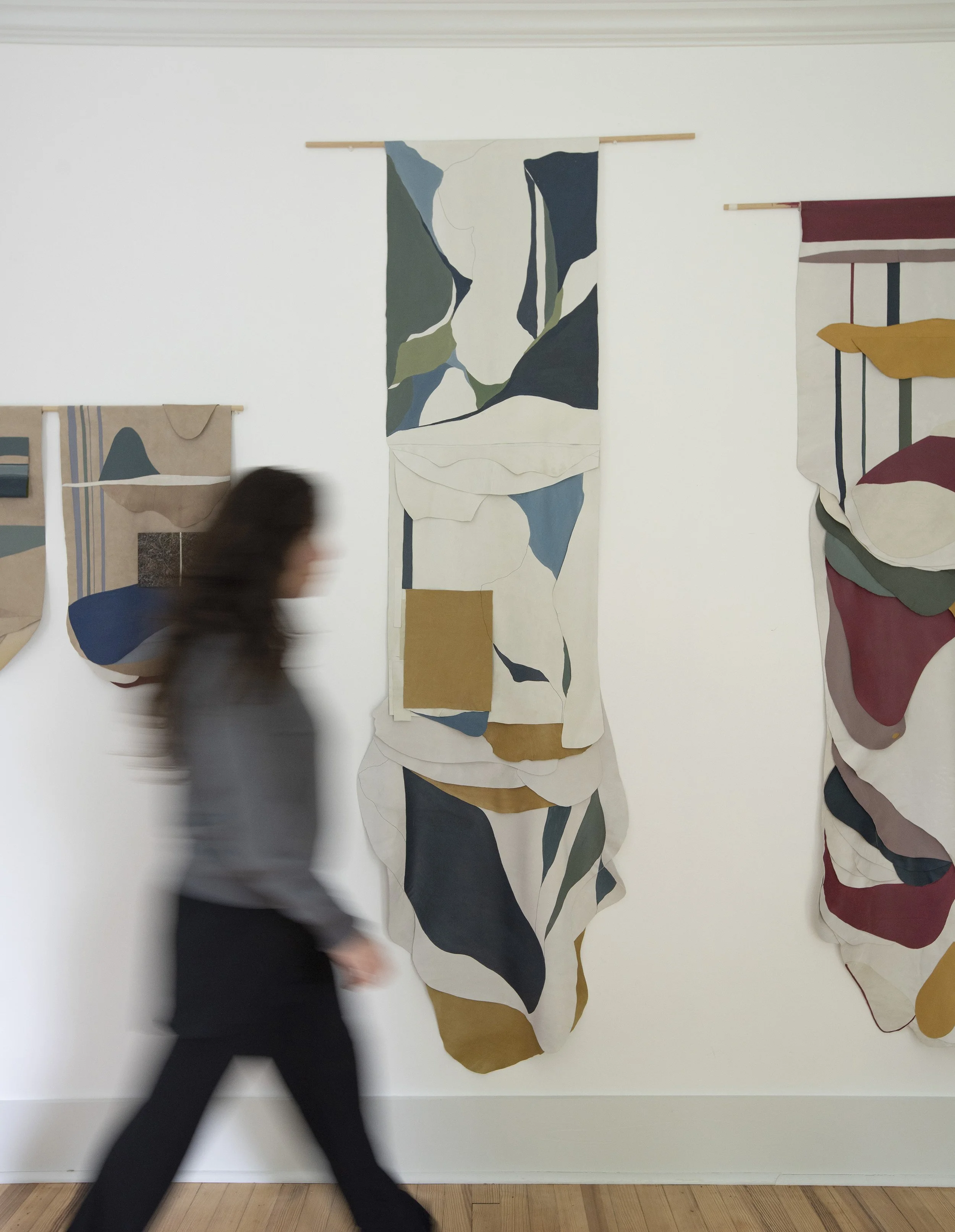   Windows (working title)  is an ongoing project started in 2025, emerging from the language of painting and slowly moving toward a more sculptural, physical presence. Made with acrylic paint on leather, the works are built through cut forms, suspend