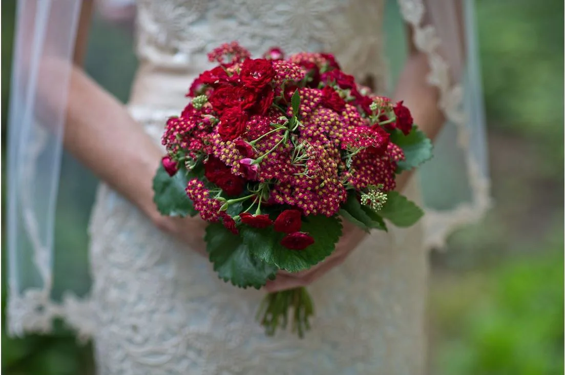 bride lace dress veil red flowers bouquet