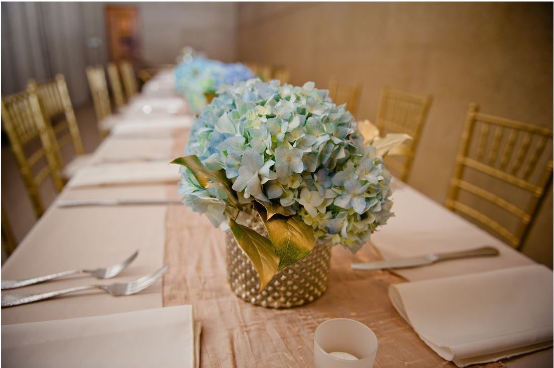  long reception table blue centerpiece 